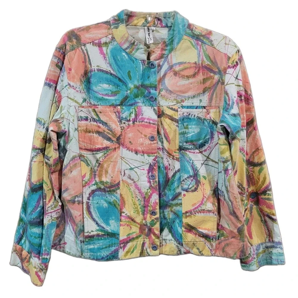 Winter Sun Floral Jacket Size M Multicolor Art to Wear Maximalist 100% Cotton